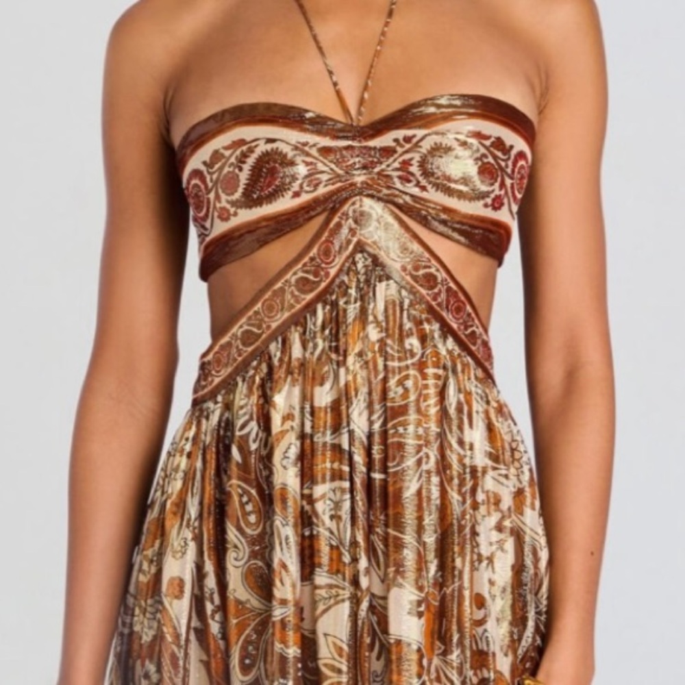 Elegant Brown Paisley Strapless Dress
